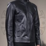 Men’s Classic Black Stand Collar Jacket in Genuine Cow Leather