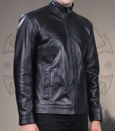 Men’s Classic Black Stand Collar Jacket in Genuine Cow Leather