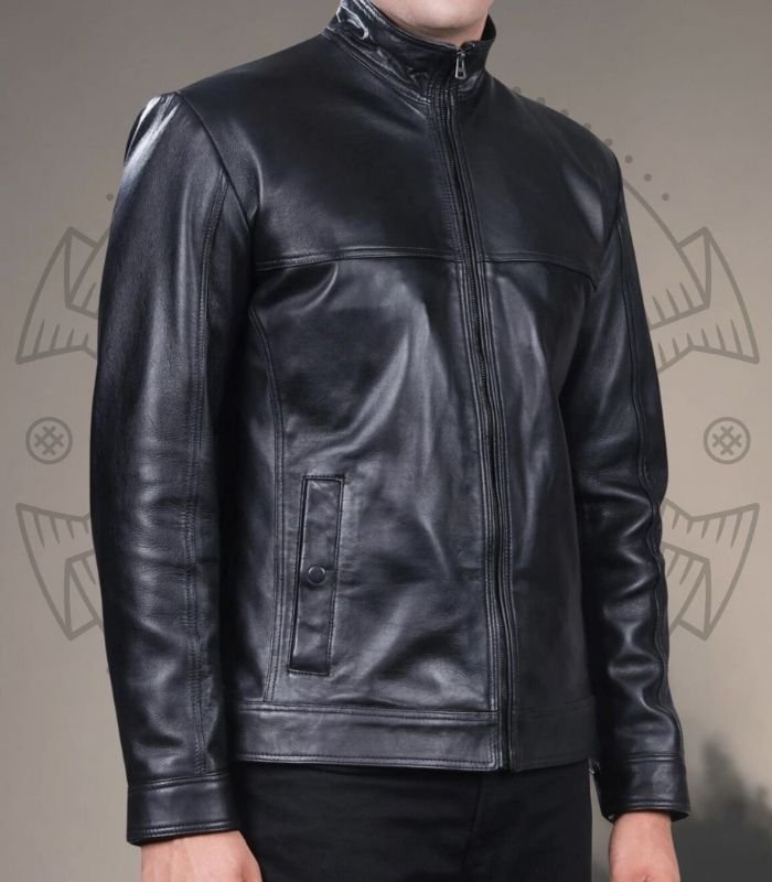 Men’s Classic Black Stand Collar Jacket in Genuine Cow Leather