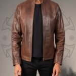 Men’s Brown Cowhide Leather Biker Jacket with Band Collar Design