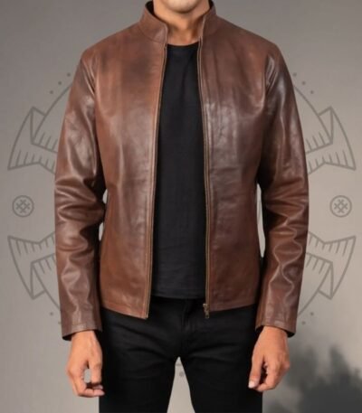 Men’s Brown Cowhide Leather Biker Jacket with Band Collar Design