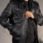 Men’s Black Leather Jacket with Removable Hood