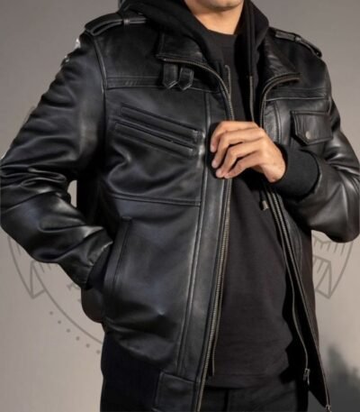 Men’s Black Leather Jacket with Removable Hood