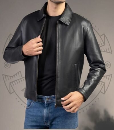 Men’s Modern Black Leather Jacket with Sleek Minimalist Design