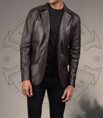 Men’s Stylish Brown Leather Blazer with Quilted Warm Inner Lining