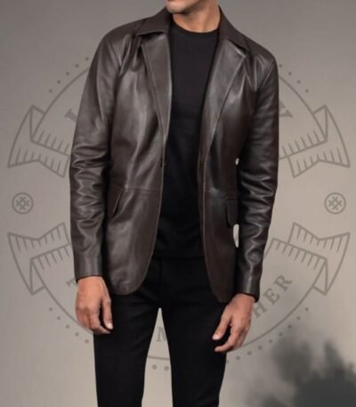 Men’s Stylish Brown Leather Blazer with Quilted Warm Inner Lining