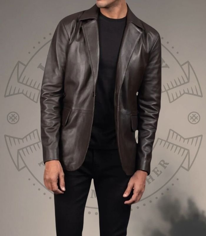 Men’s Stylish Brown Leather Blazer with Quilted Warm Inner Lining