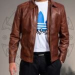 Men’s Brown Genuine Leather Jacket with Zip Pockets