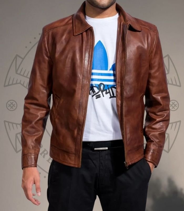 Men’s Brown Genuine Leather Jacket with Zip Pockets