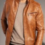 Handmade stylish Men’s Tan Leather Jacket with Stand Collar