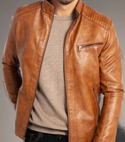 Handmade stylish Men’s Tan Leather Jacket with Stand Collar