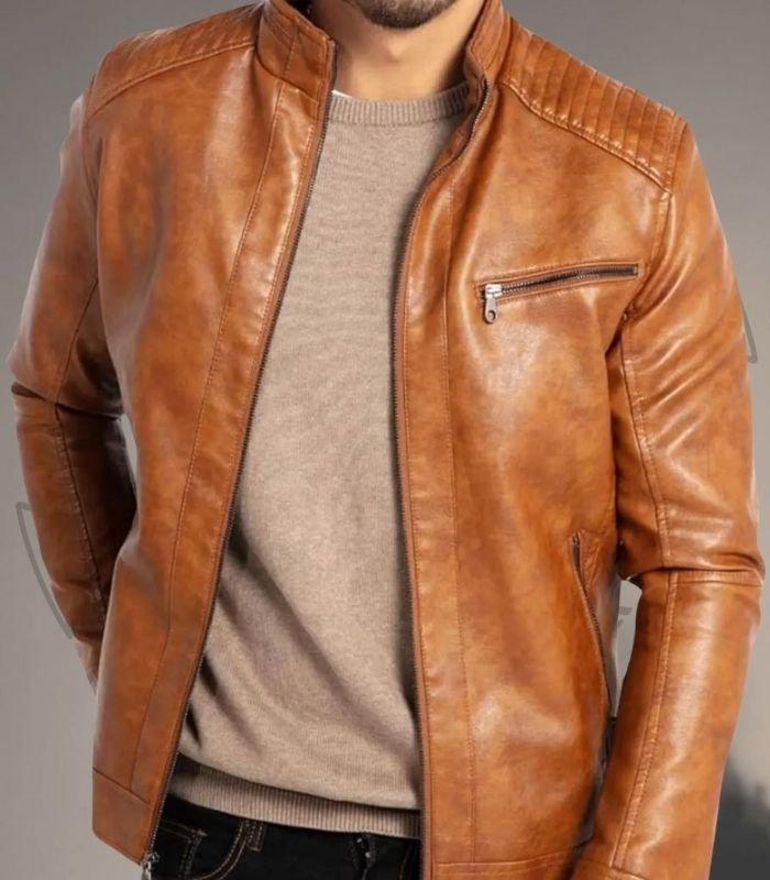 Handmade stylish Men’s Tan Leather Jacket with Stand Collar