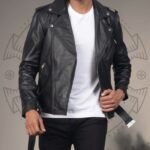 Men’s Genuine Cowhide Leather Biker Jacket with Notch Collar