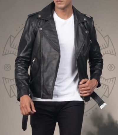 Men’s Genuine Cowhide Leather Biker Jacket with Notch Collar