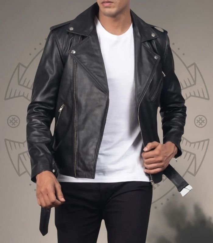 Men’s Genuine Cowhide Leather Biker Jacket with Notch Collar