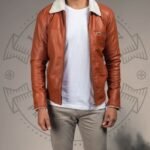 Men’s Tan Brown Shearling Jacket with Classic Collar