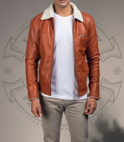 Men’s Tan Brown Shearling Jacket with Classic Collar