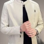 Men’s Slim-Fit White Leather Jacket with Sleek Zipper Closure