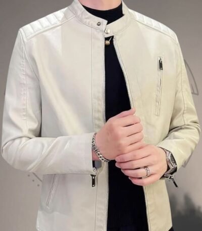 Men’s Slim-Fit White Leather Jacket with Sleek Zipper Closure