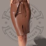 Women’s Modern Brown Leather Skirt with Belted Waist