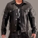 Men’s Black Leather Shirt – Front Flap Button Closure