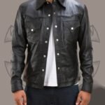 Men’s Black Leather Shirt with Two Front Chest Pockets
