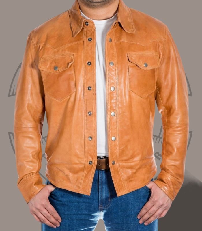 Lambskin Leather Shirt Men’s Tan Brown Genuine Lambskin Leather Shirt - Image 1